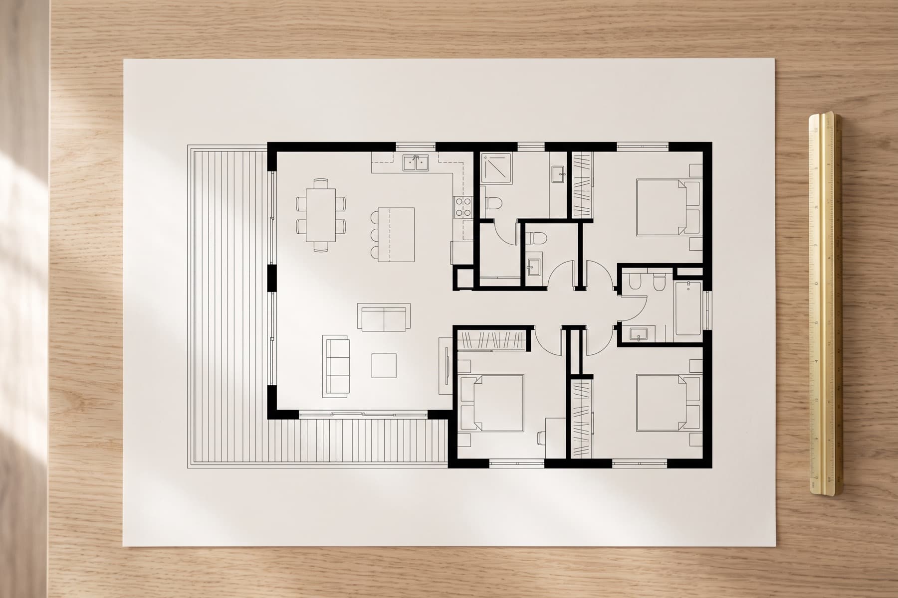 An unlabelled architectural floor plan of a three-bedroom apartment