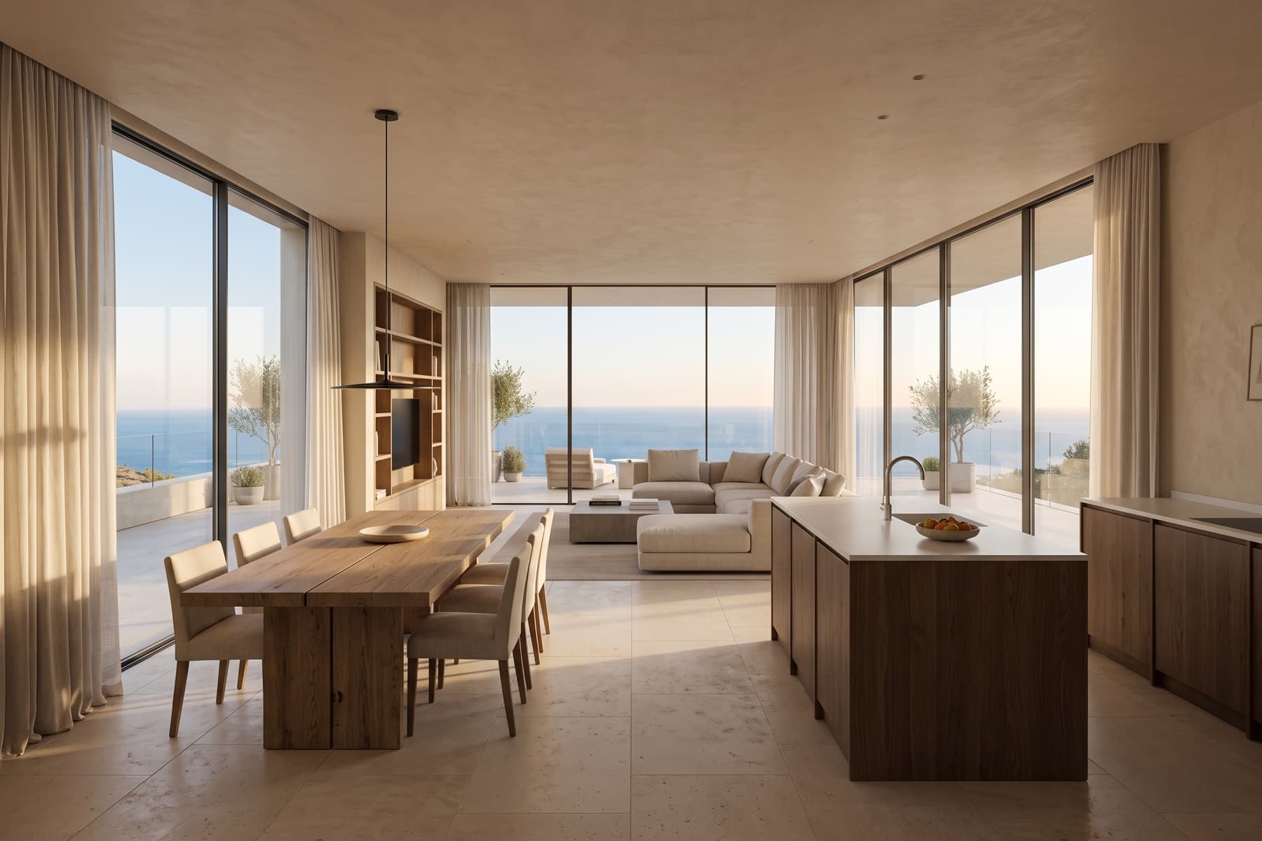 A photorealistic visualisation of the same apartment's living and dining space