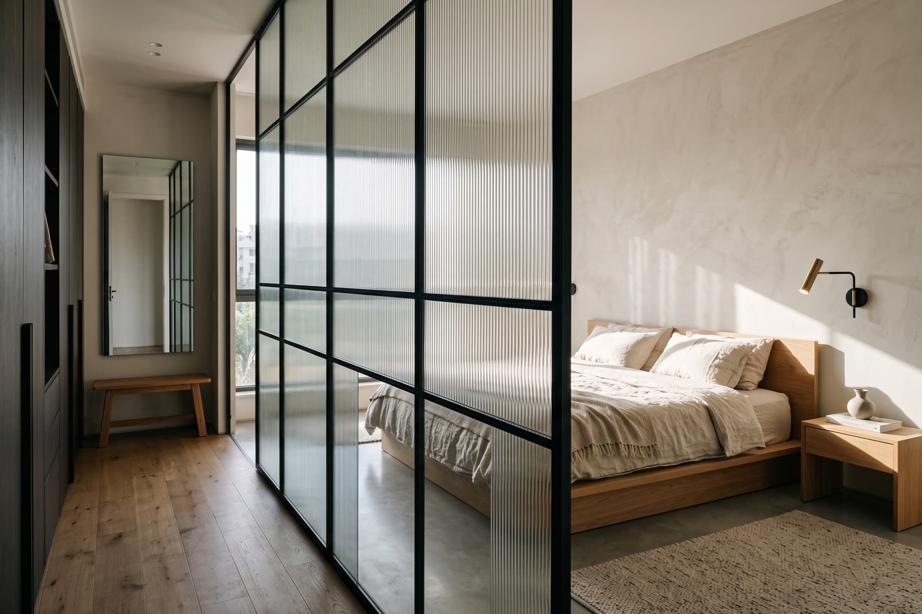 Rothschild penthouse: principal bedroom behind a glazed screen