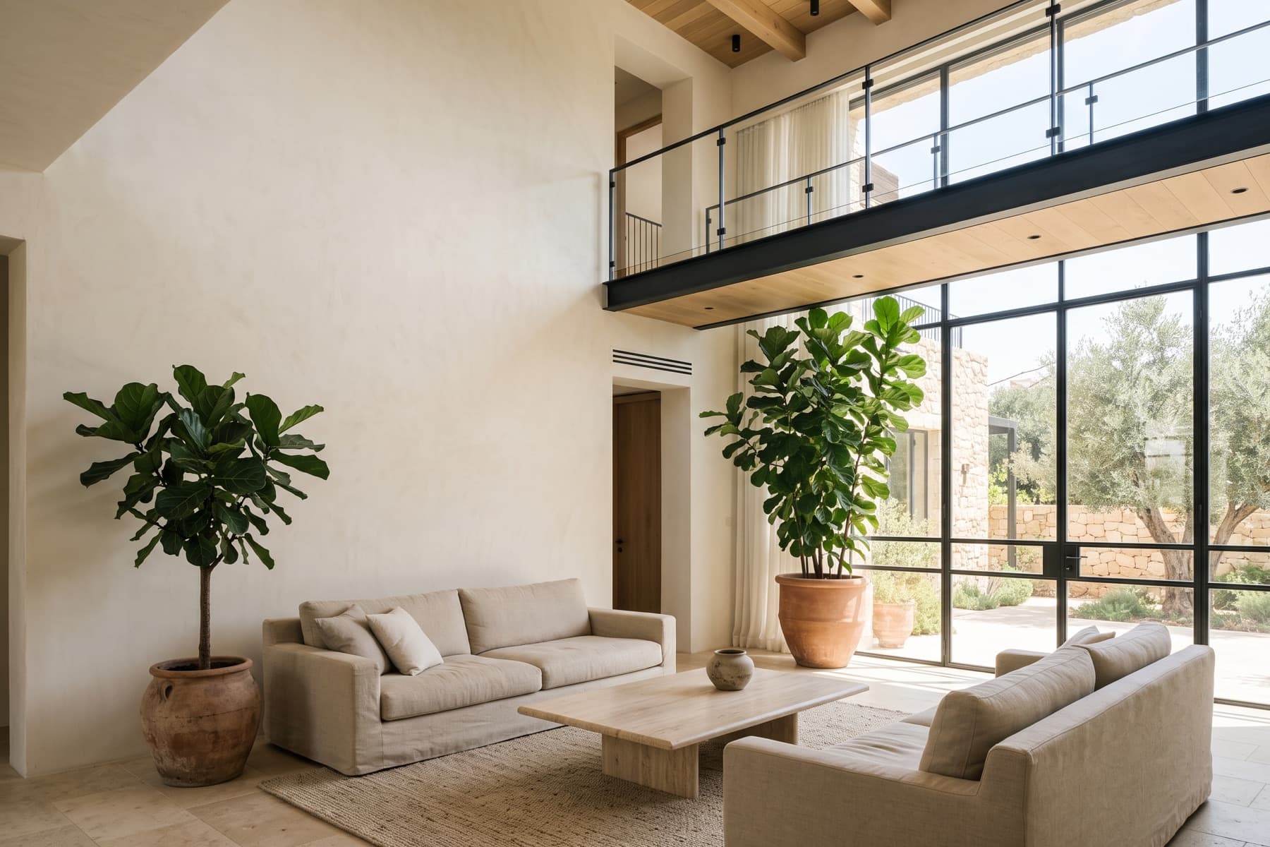 Rothschild penthouse: double-height reception with mature planting
