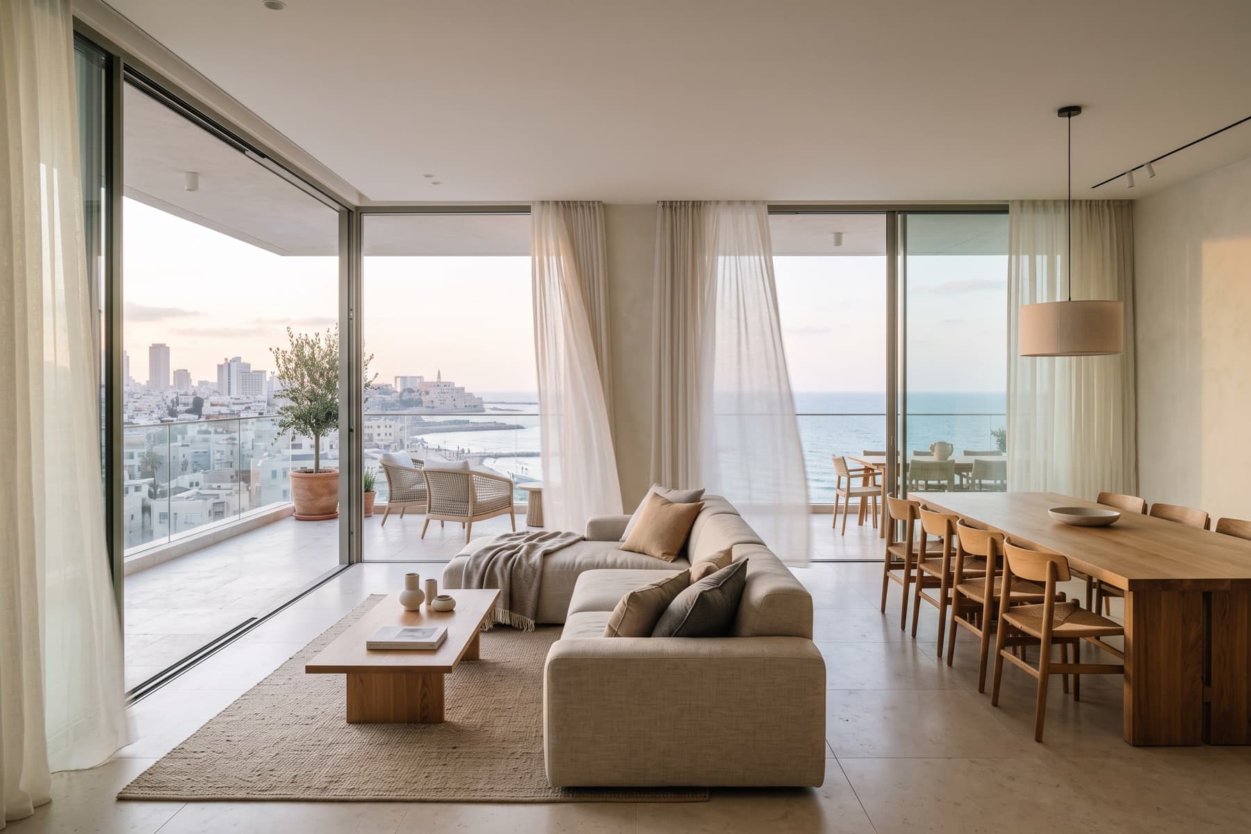Rothschild penthouse: living and dining opening to the wrapping terrace