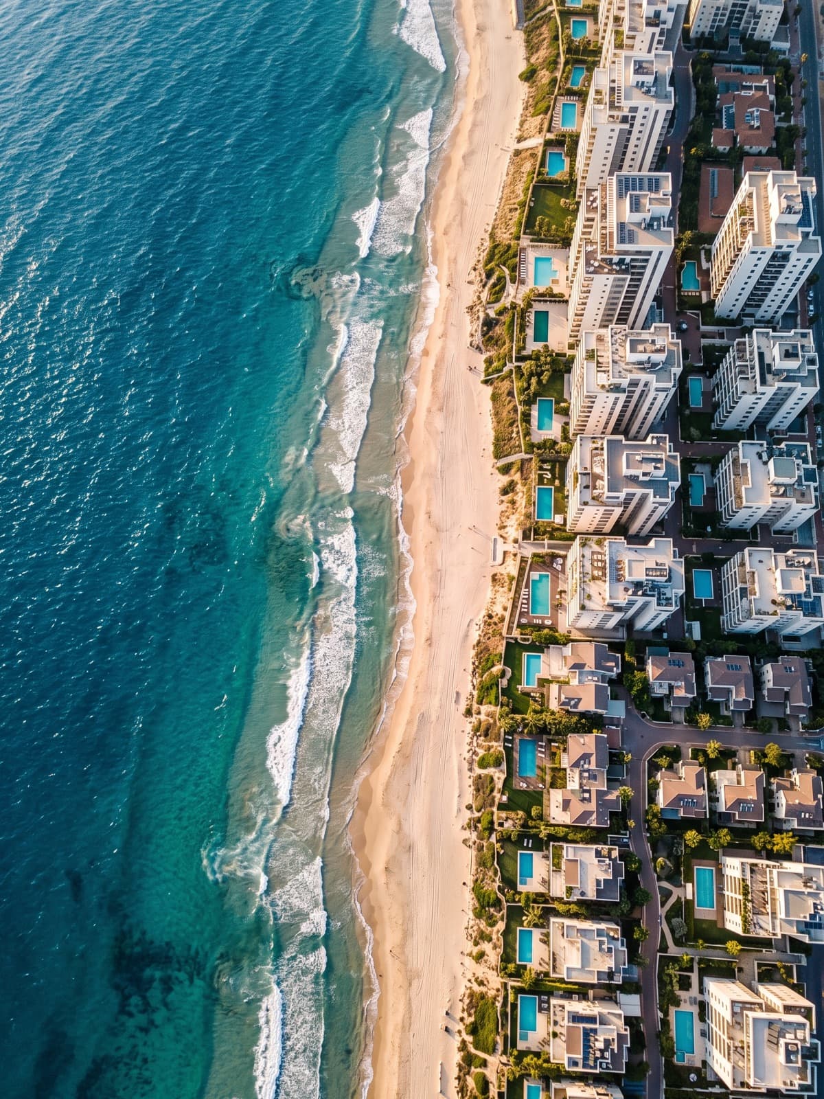 Aerial view along the Israeli coastline at golden hour, towers and pools beside the surf