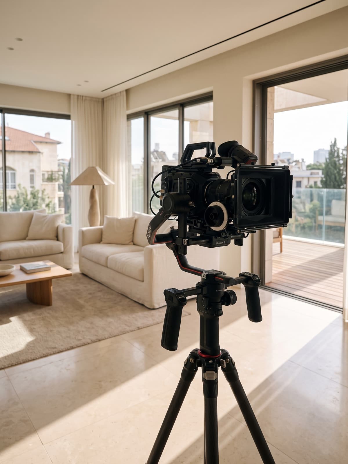 A cinema camera on a gimbal mid-move through an apartment interior