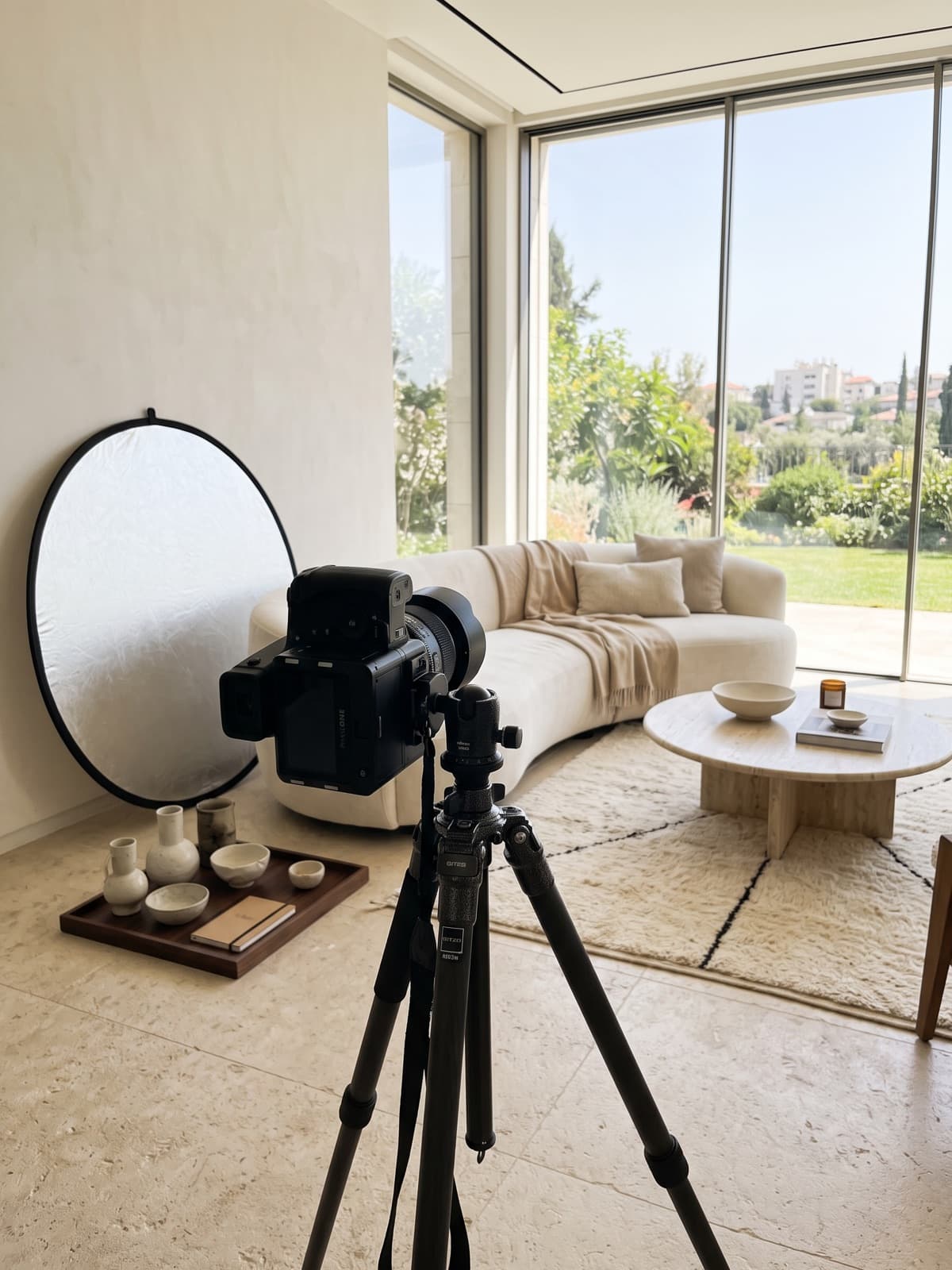 A medium-format camera on a tripod framing a sunlit living room