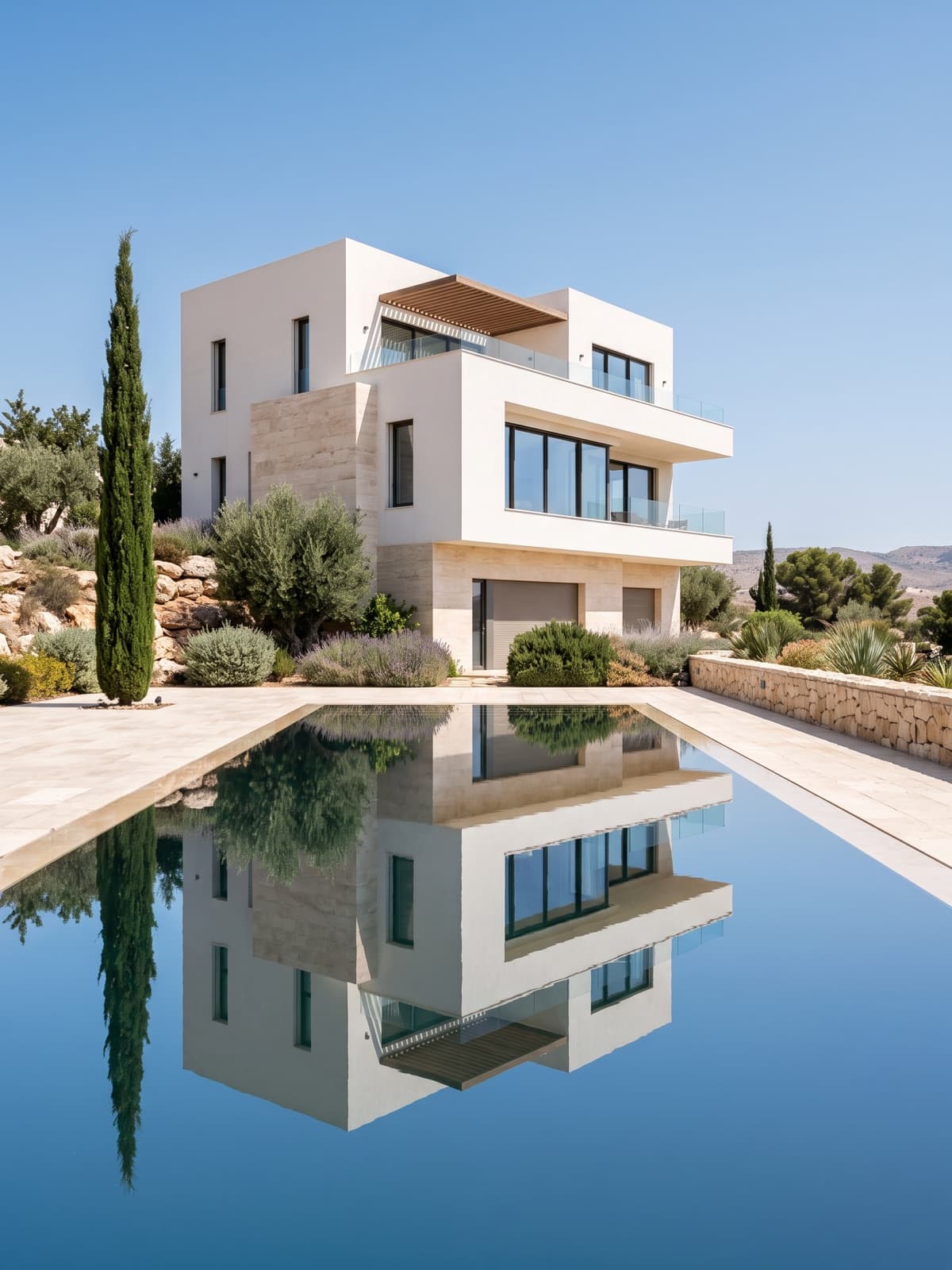 White villa with a reflecting pool under a clear sky